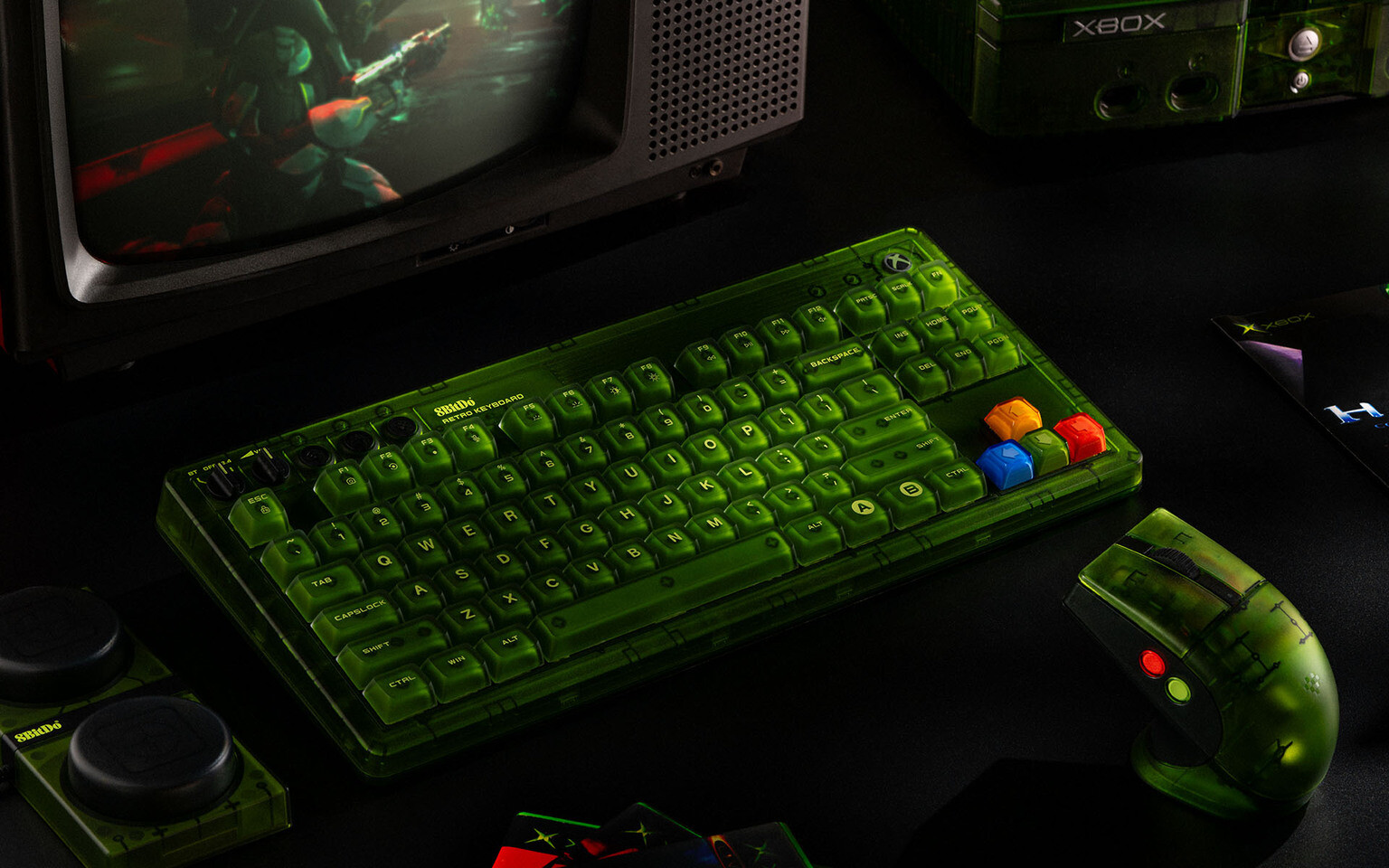 Close-up of keyboard and mouse glowing with balanced orange accent